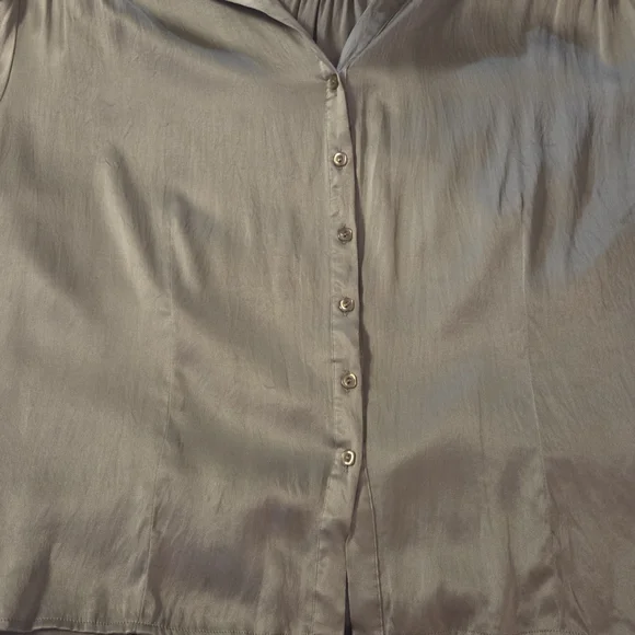 Dialouge Silk Blouse 2X ✨ Silver Gray Satin Button Front Flowy Minimalist Top - Picture 12 of 16